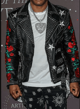 Motorcycle Brando Men's Punk Flower Patches Fashion Premium Leather Silver Studded Waist Belted Jacket - Leather Admirer